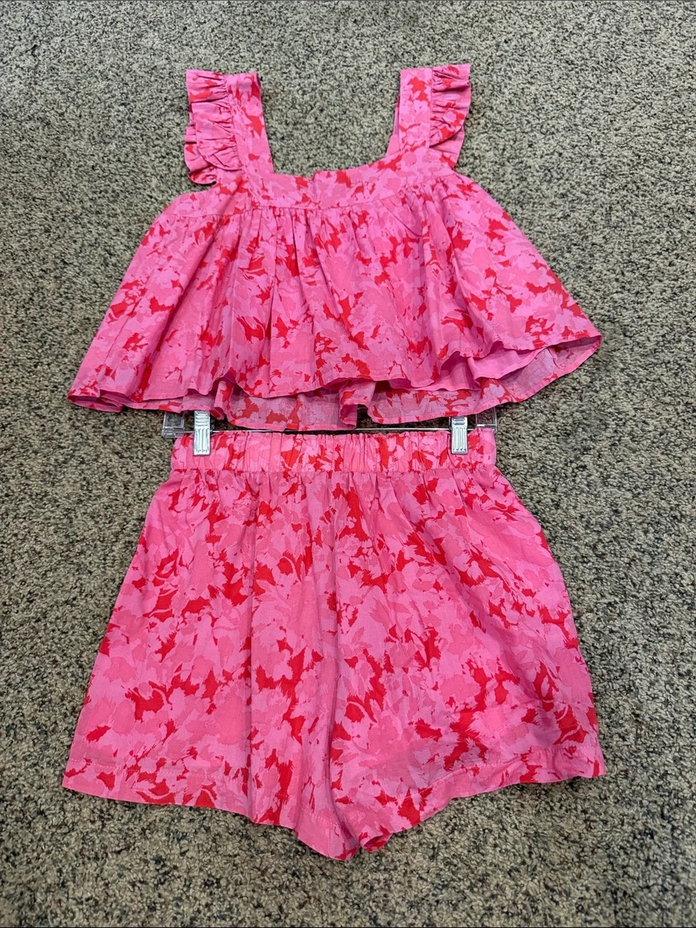 Womens Pink Floral Ruffle Tank & Shorts Set